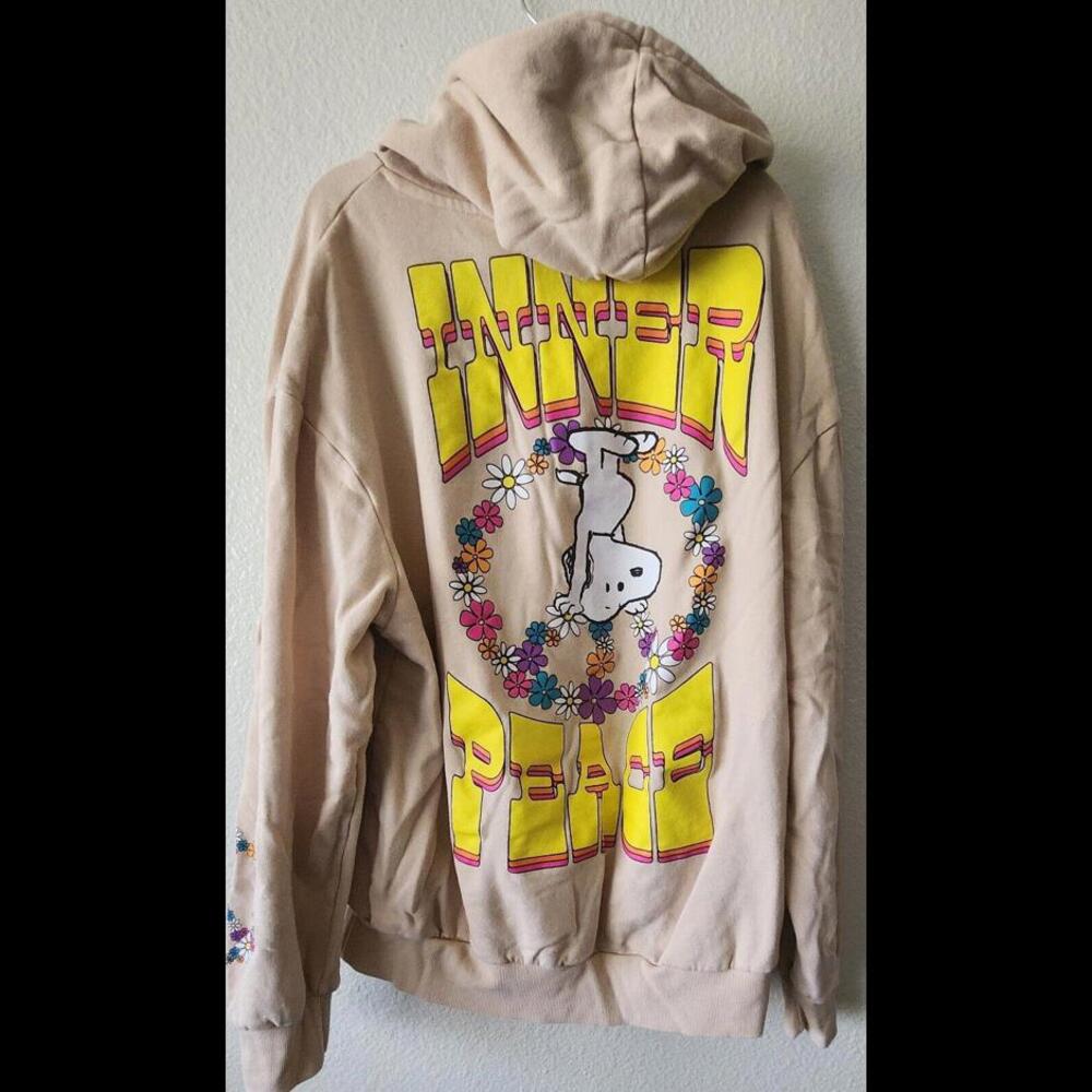 Peanuts Charlie Brown Snoopy Inner Peace Pullover Hoodie Sweatshirt SizeXL Beige